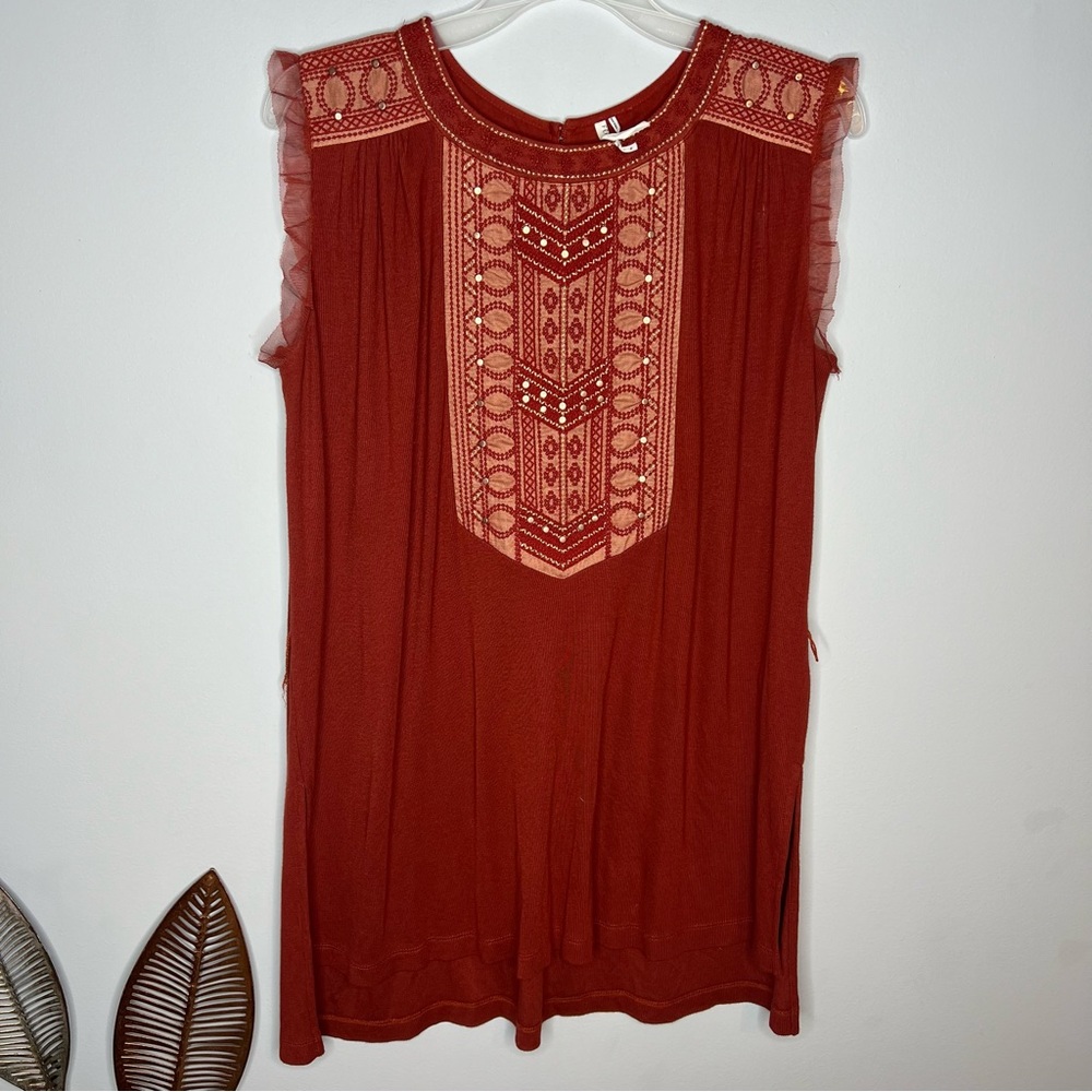 Anthropologie Feather Bone Red Gold Sleeveless Fringe Top